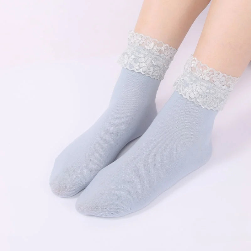 Autumn Girls' Comfortable Cotton Lace Ankle-Length Socks Soft Anti-Slip Lolita Princess Hose in Candy Colors Frilly Middle Tu