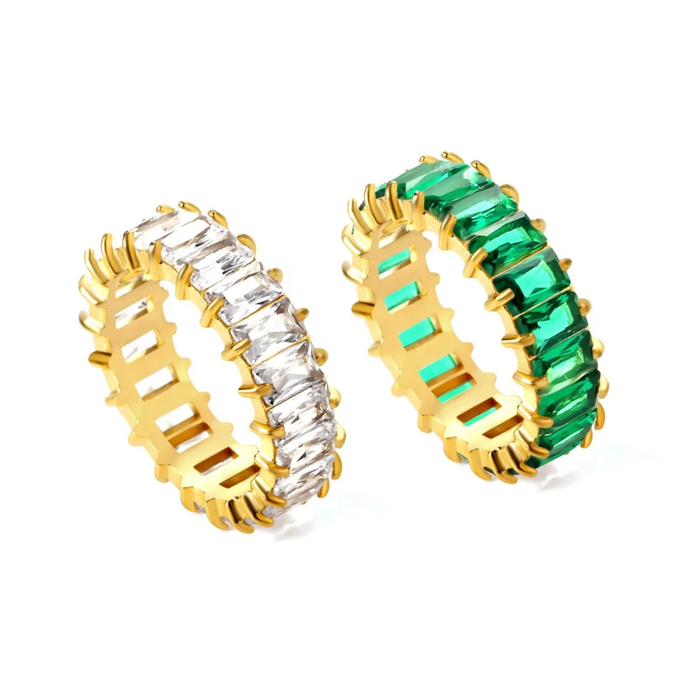 Shiny White Green Baguette CZ Rings OEM Fashion Jewelry Waterproof PVD 18K Gold Stainless Steel Pave Cubic Zirconia Zircon Ri