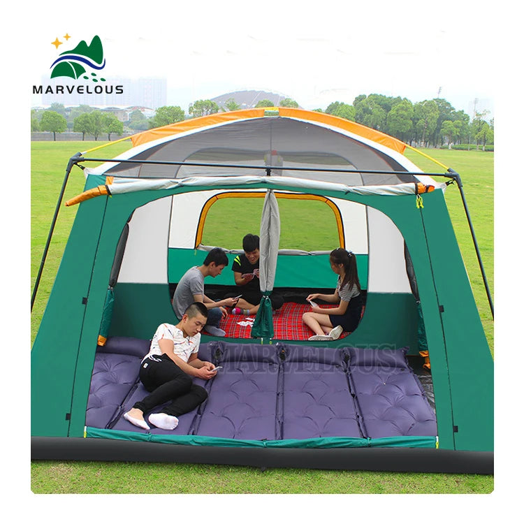 Green Three-Season Family Outdoor Camping Tent Windproof Double-Layer Oxford Two Bedrooms Summer Use 8+ Person Tent