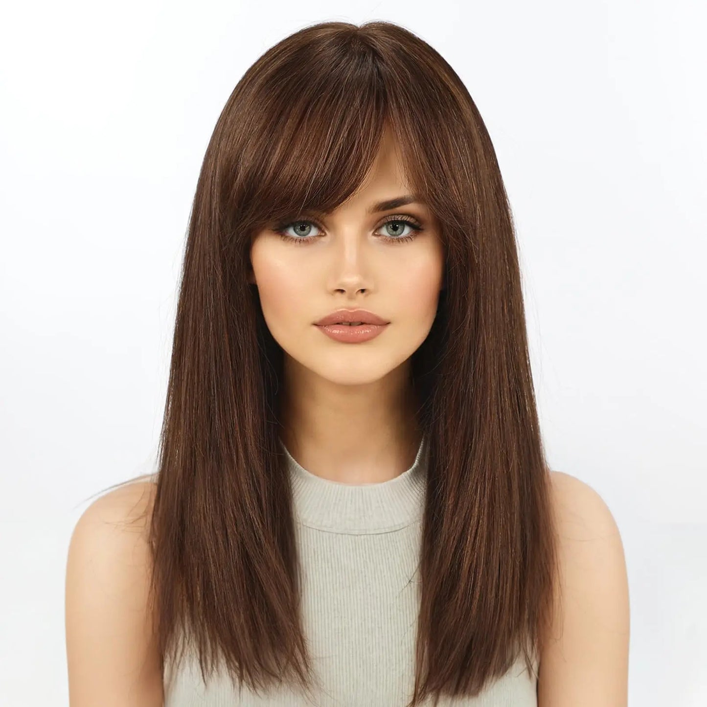 100% Natural Black Brazilian Straight Remy Human Hair Wigs with Glueless Natural Bangs for Women-MOQ 1 Piece