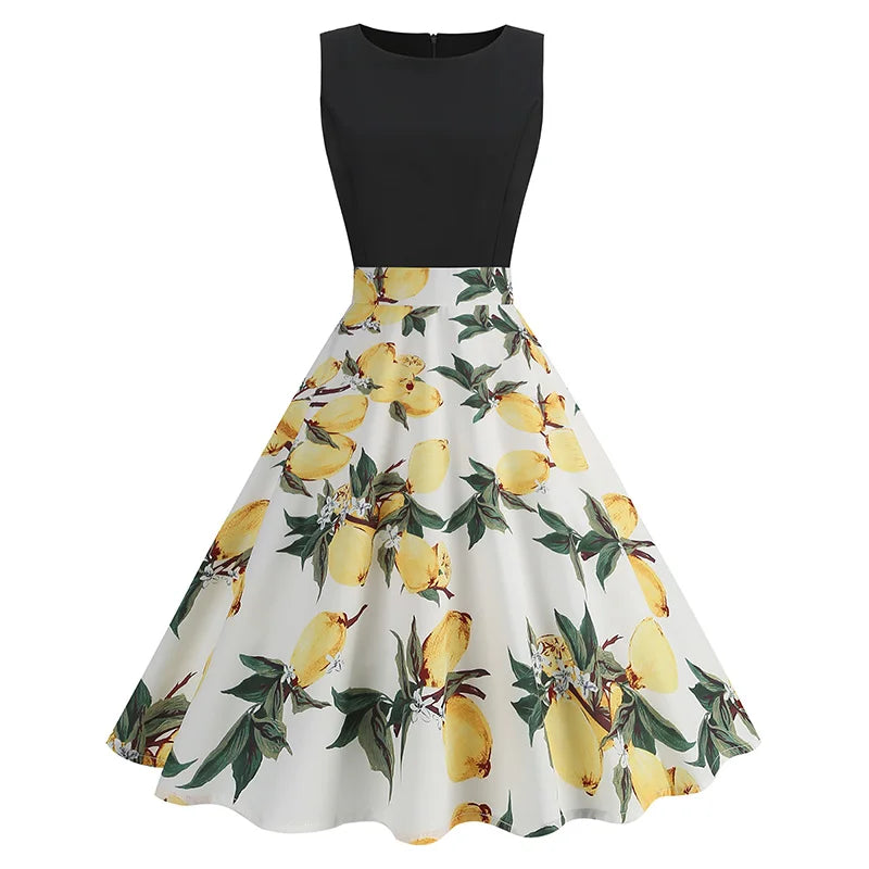 Patchwork Floral Print Summer Dress Women Sleeveless Vintage Dress Robe Casual Rockabilly Party Vestidos
