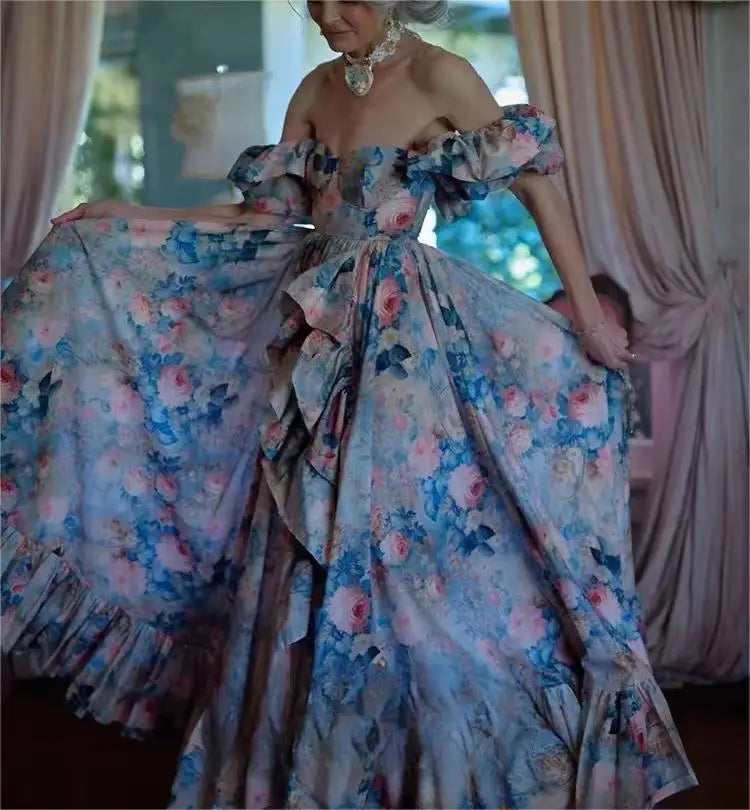 2024 Summer New Style V-neck Tube Top Flying Sleeves Fresh Ruffled Patchwork Printed Long Dress for Women