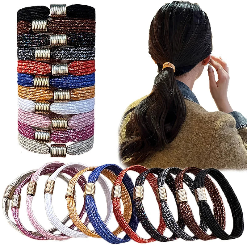 8mm Trendy Wide Glitter Elastic Hair Rubber Bands With Golden Beads Hair Scrunchies Hair Ties Ropes Ponytail Holders for Girl