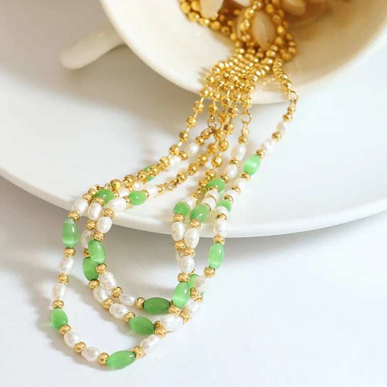 Fashion Green Opal With Fresh Water Pearl Pvd Gold Plated Stainless Steel Beaded Necklace Women
