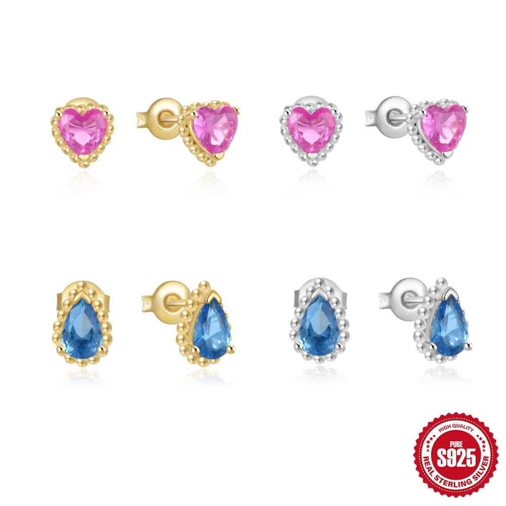 925 Sterling Silver Zircon Heart Stud Earrings Water Drop Earrings