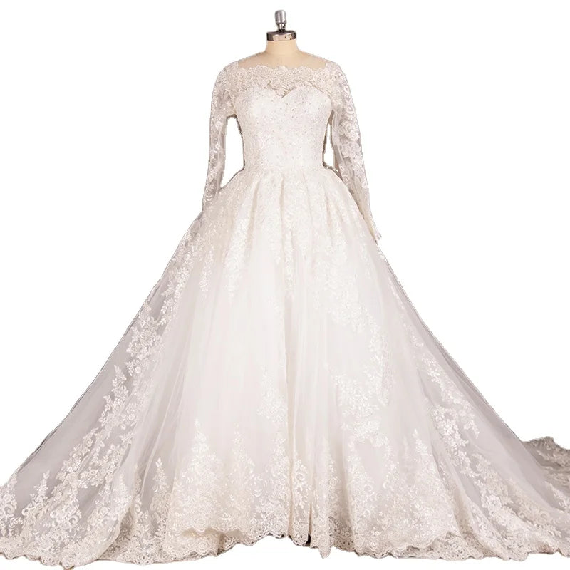 9239#  Real Photos Off Shoulder Wedding Dresses Wholesale Illusion Beading Lace Applique Long Sleeve Princess Ball Gown