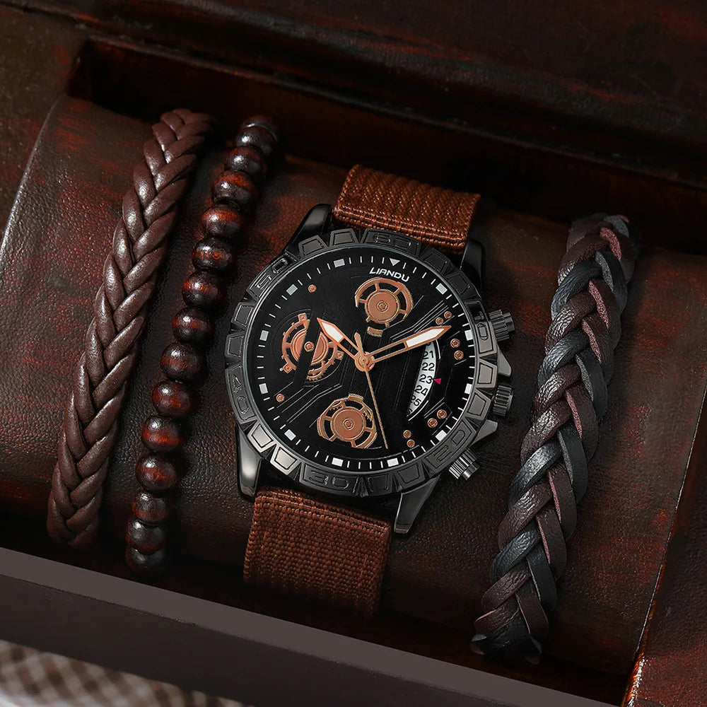 Men's 4 Pcs/Set Casual Nylon Strap Number Date Quartz Wristwatch Simple Sport Luxury Man Luminous Watch Gift Set Montre Homme