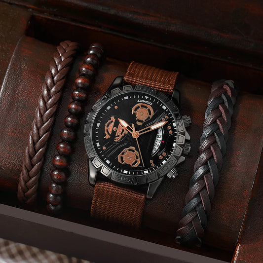 Men's 4 Pcs/Set Casual Nylon Strap Number Date Quartz Wristwatch Simple Sport Luxury Man Luminous Watch Gift Set Montre Homme
