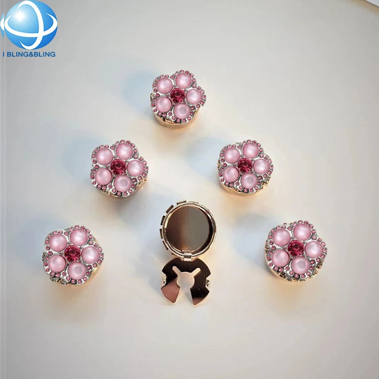 Custom Pink Rhinestone Flower Button Covers for Women Shirt No Sew Clips on Button Cufflinks  Garment Decor Accessories