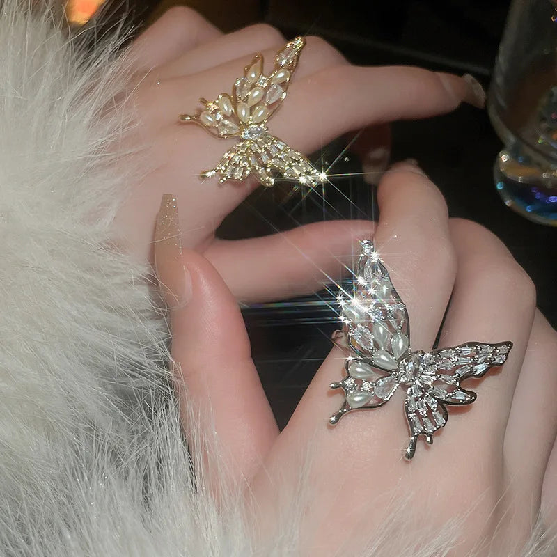 DAIHE 2024 New Design Luxury Fashion Jewelry Gold Plated Butterfly Pearl Zircon Adjustable Rings