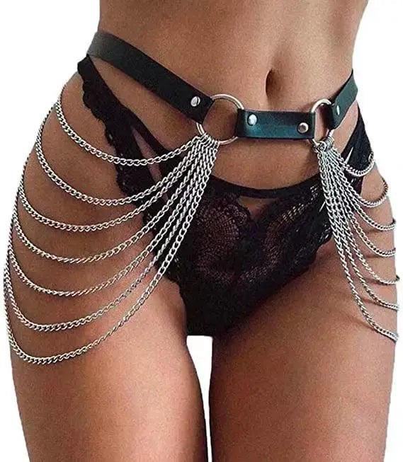 Punk Leather Belly Waist Chain Belt Silver Layered Festival Rave Body Chain Jewelry for Women and Girls