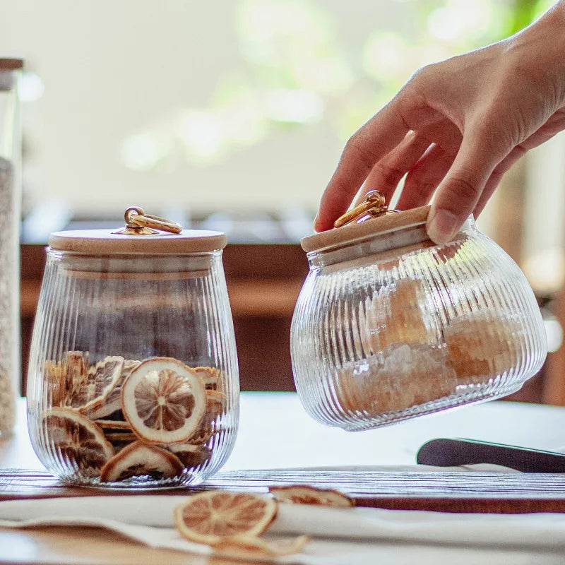 Copper Ring Vertical Pattern Glass Eco-Friendly 0.5-1L Tea Can Household Bamboo Lid sealed Coffee Jar Storage tank Dried Frui