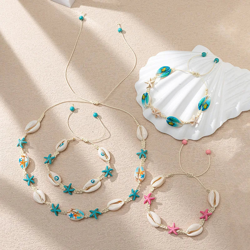 Custom Bohemian Style Blue Shell Friendship Woven Bracelet Wholesale Adjustable Ladies Necklaces and Bracelets for Women