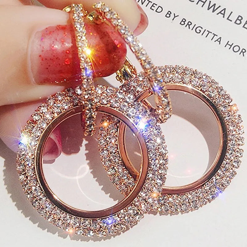 Trendy Fashion Jewelry Plated Elegant Diamond Women Shiny Drop Double Hoop Earrings Gold Circle Rhinestone Zinc Alloy CLASSIC