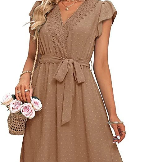 2024 Summer New Women's Lace Lace V-neck Dot Tied Flying Sleeves Dress