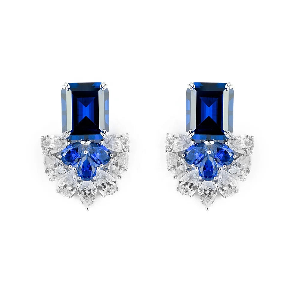 Advanced Sapphire 925 Silver Rhodium Plated Emerald Cut Synthetic Zircon Earrings Trendy Geometric Design for Wedding Party G