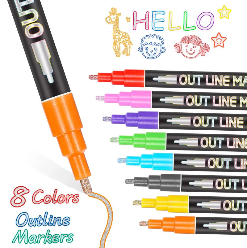 DlY Photo Album Scrapbook Crafts 12 24 Colors Outline Metallic Marker Pens Double Line Paint for Gift Cards Rock Painting
