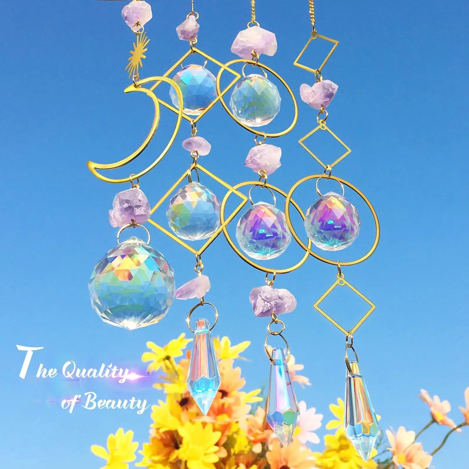 Colorful Sun Catcher Crystal Hanging Natural Moon Crystal Suncatcher Dream Catcher Wind Chime Wall Hanging Window Garden Deco