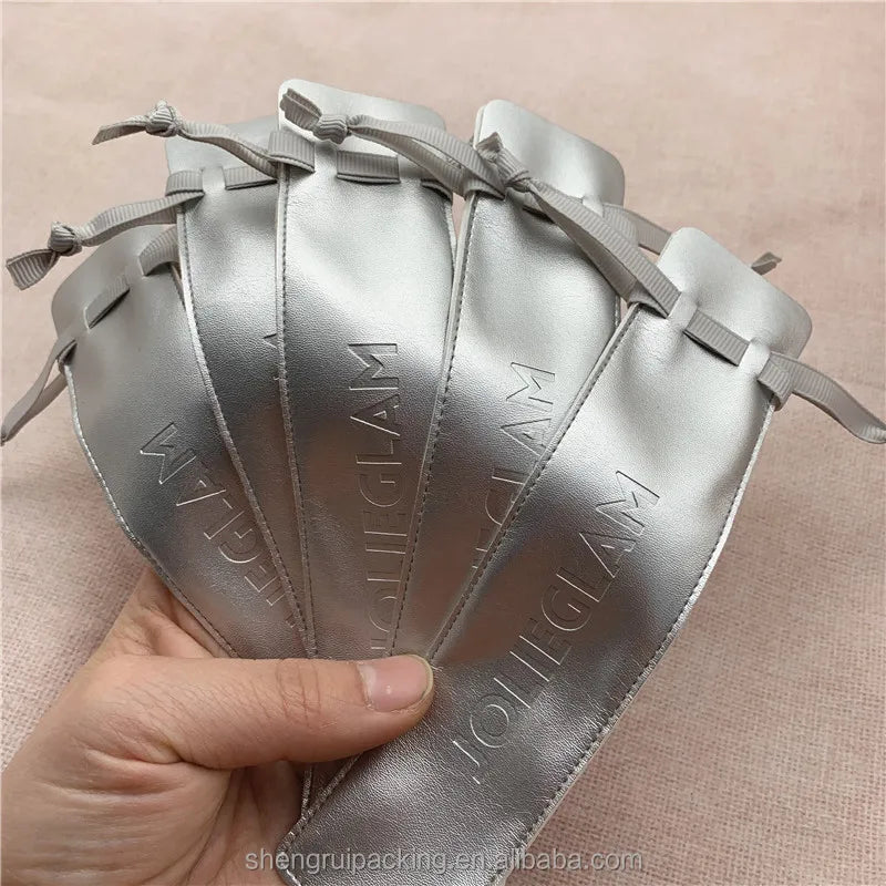 Luxury Silver Faux Leather Cosmetic Brush Pouch Small Pu Leather Pen Drawstring Pouch Bag