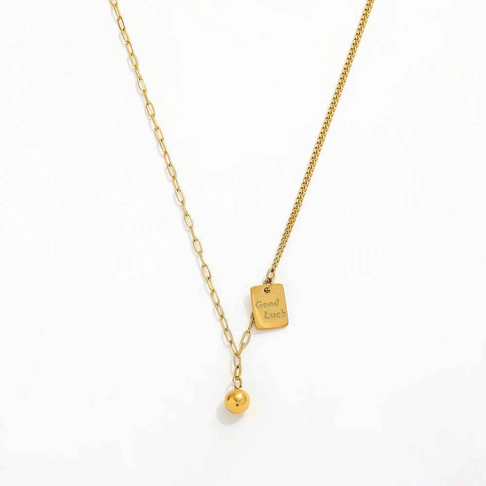 Joolim Jewelry 18K PVD Gold Plated Good Luck Rectangle Pendant Paper Pin Curb Chain Mixed Necklace Stainless Steel Jewelry