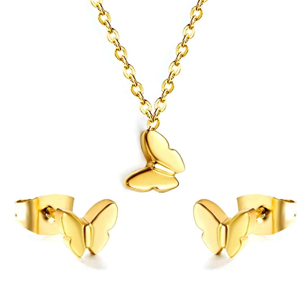 Fashion Women PVD18K Gold Plated Stainless Steel Butterfly Pendant Necklace Stud Earrings Women Butterfly Jewelry Set