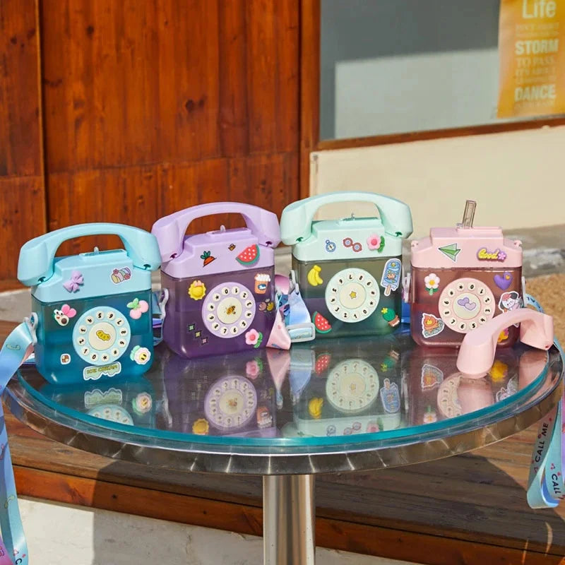 Wholesale Portable Strap Children's Straw Outdoor Cup Water Bottle 400ml Cute Kids Creative Telephone Plastic Water Bottles