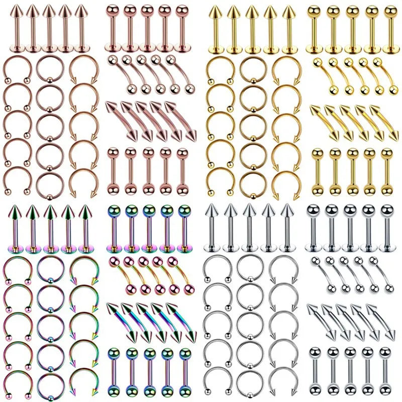 Hot Selling 40 Pcs/Set Stainless Steel Nose Lip Tongue Eyebrow Body Piercing Jewelry Nose Rings Set for Men and Women