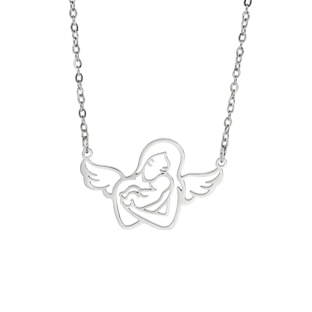 New Stainless Steel Necklaces Angel Wings Mother Baby Pendants Chains Fashion Jewelry Necklace for Women As Mother's Day Gift
