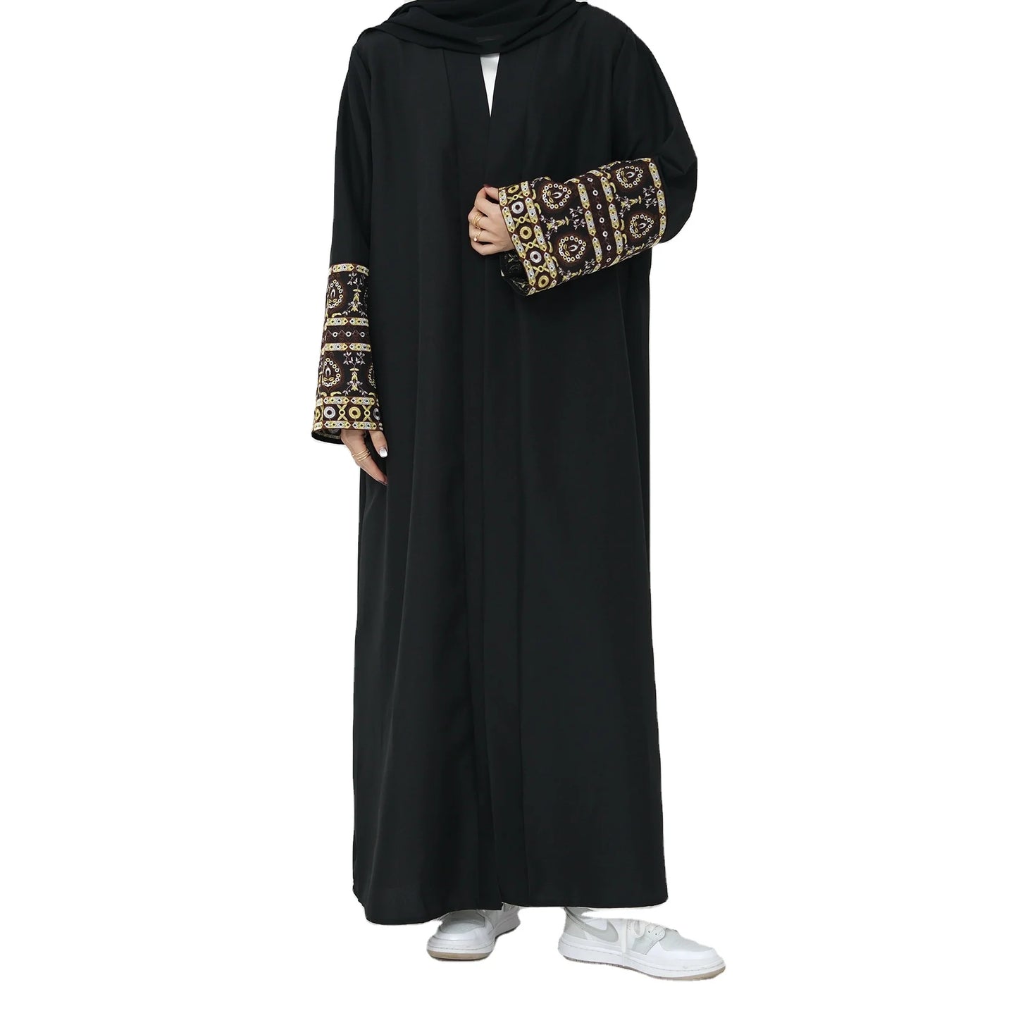 Wholesale Price Solid Color Classic Open Style Breathable  Linen Fabric Embroidery Pattern Sleeve Islamic Women Eid Abaya Kim