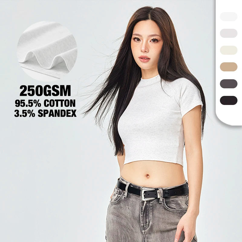 250gsm Cotton T Shirt Summer Hot Style Cropped Slim Fit T Shirts With Custom Logo Sexy Girl Ladies Short Raglan T Shirts