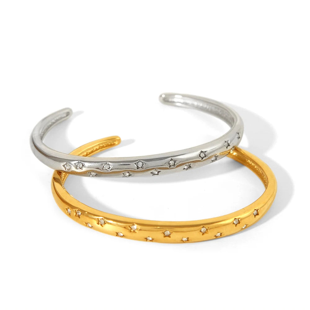 Best Selling Stainless Steel 316L PVD Plating Waterproof Jewelry Crystal CZ Diamond Full Stars Open Cuff Bangles for Women