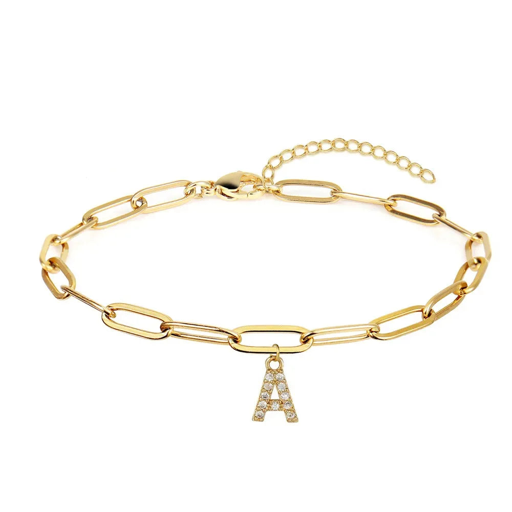 Gold Paper Clip Chain Diamond Initial Letter Bracelet Alloy Word Bracelets for Women