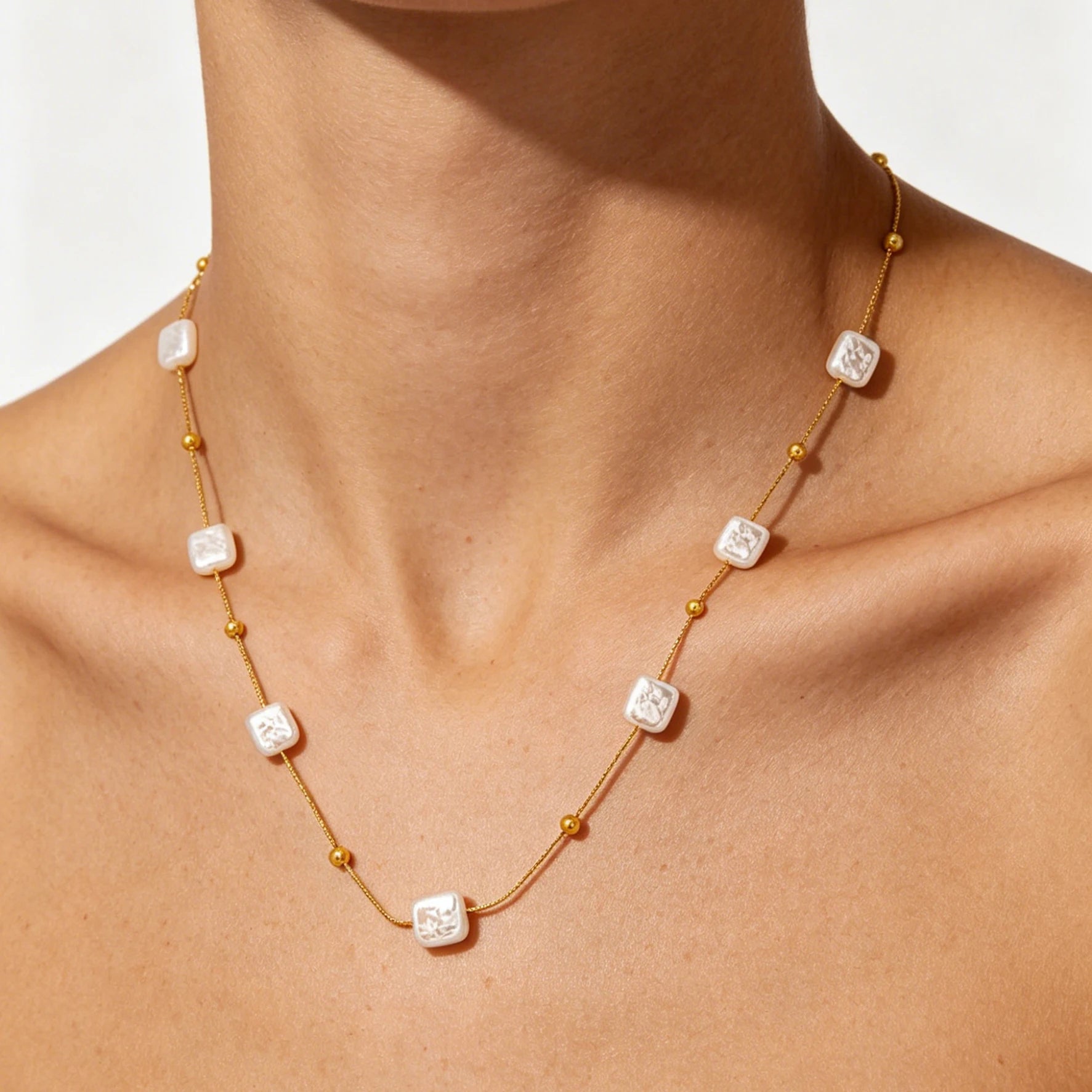 Maiou Waterproof Stainless Steel 18K Gold Plated Vintage Designer Square Faux Pearl Chain Necklace for Women and Girls Jewelr