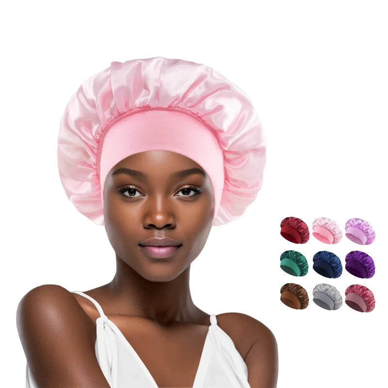 Wholesale Shinning Silk Satin Night Sleeping Chemo Hair Bonnet Hat Cap Custom Logo Women Wide Elastic Band Cycling Sports Par