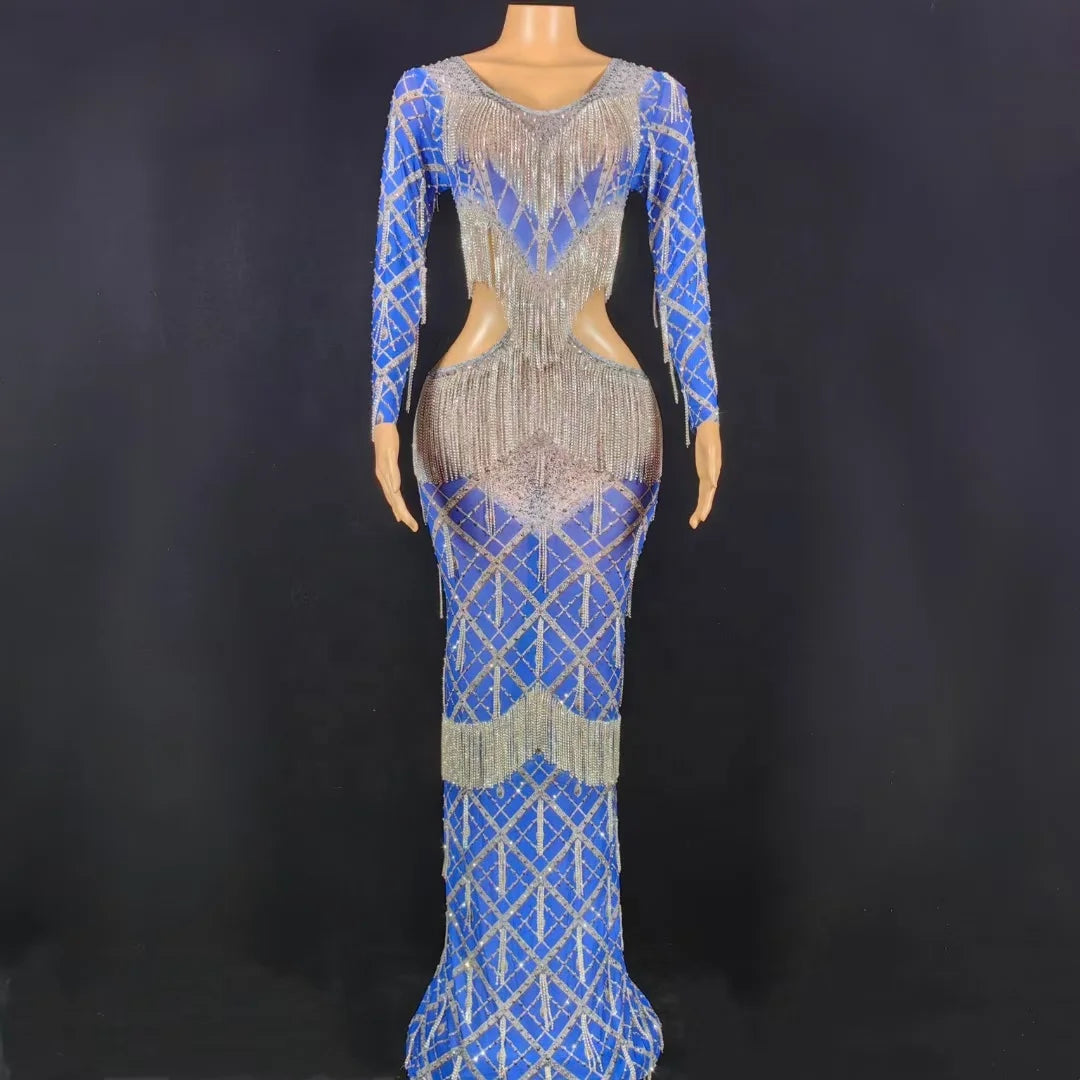 Elegant Crystal Dinner Gown Lady Birthday Wedding Formal Long Dress Sexy Tassel Night Party Dress Women Prom Evening Dress