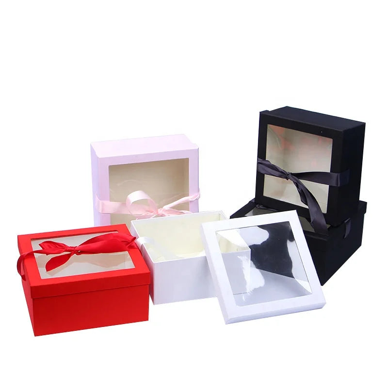 High-End Two-Piece Transparent PVC Window Flower Box Silk Square Cloth Gift Packing Embossed Ribbon Flowers Handmade Customiz