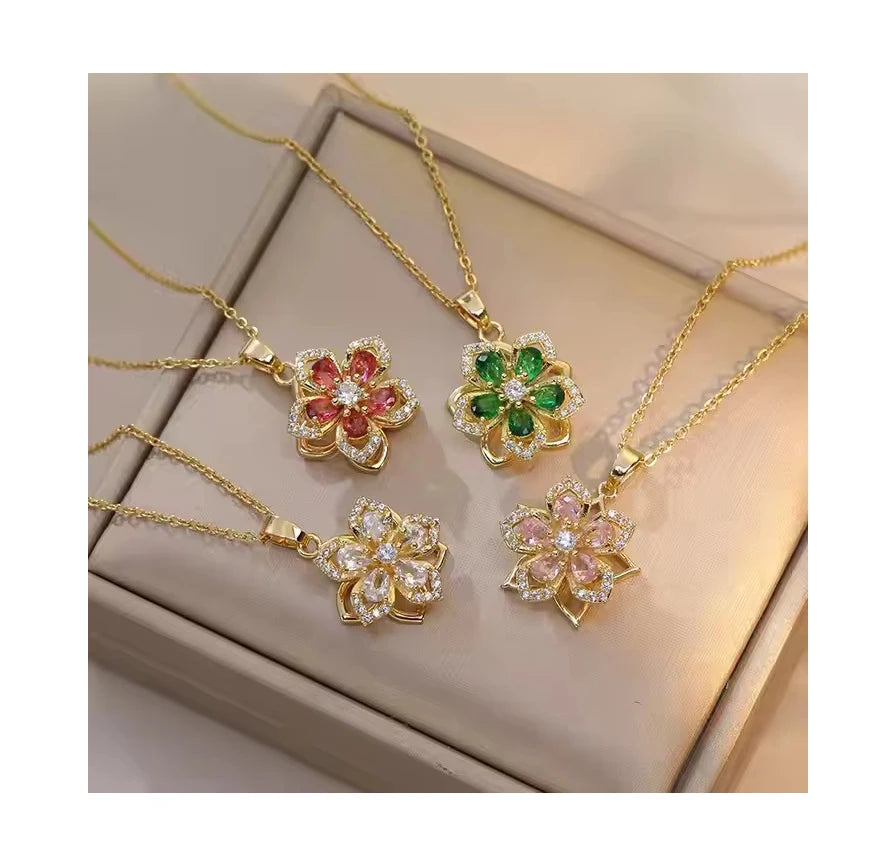 Hot-Sale Spinning Flower Necklace Stainless Steel Chain Jewelry Colorful Cubic Zircon  Rotatable Flower Pendant Necklace