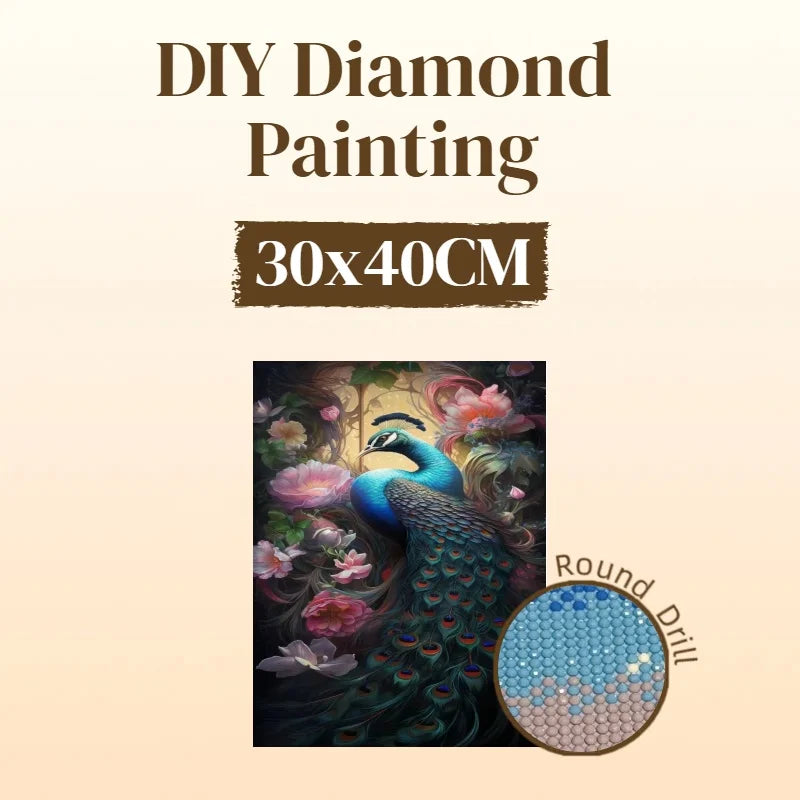1PC DIY 30x40cm Peacock Diamond Painting Full Round 5D Acrylic Drill Animal Theme Diamond Painting Kit for Wall Decoration