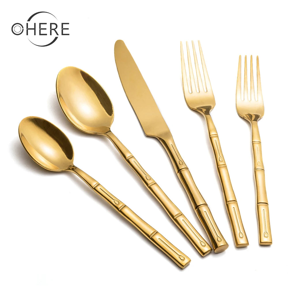 Minimalist Golden Stainless Steel Eco-Friendly Durable Cutlery Set Knife Fork Spoon Dessert Fork Dessert Spoon Back to School