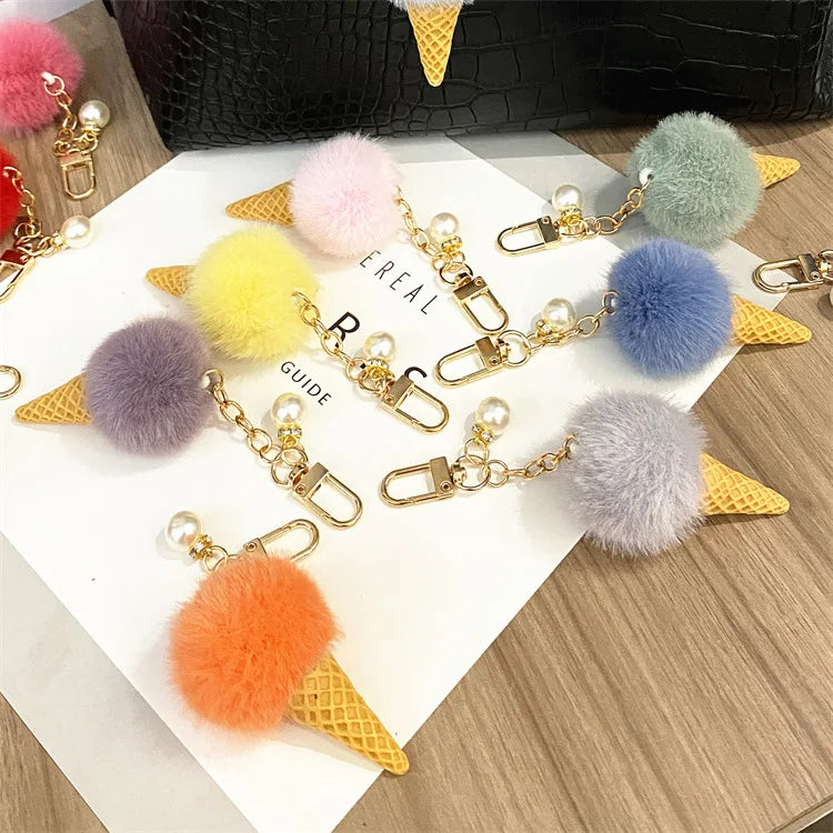 Wholesale Color Furry Plush Cute Ice Cream Pearl Keychains Toys Bag Charm Accessories Fur Ball Pom Pom Food Ice Cream Keychai