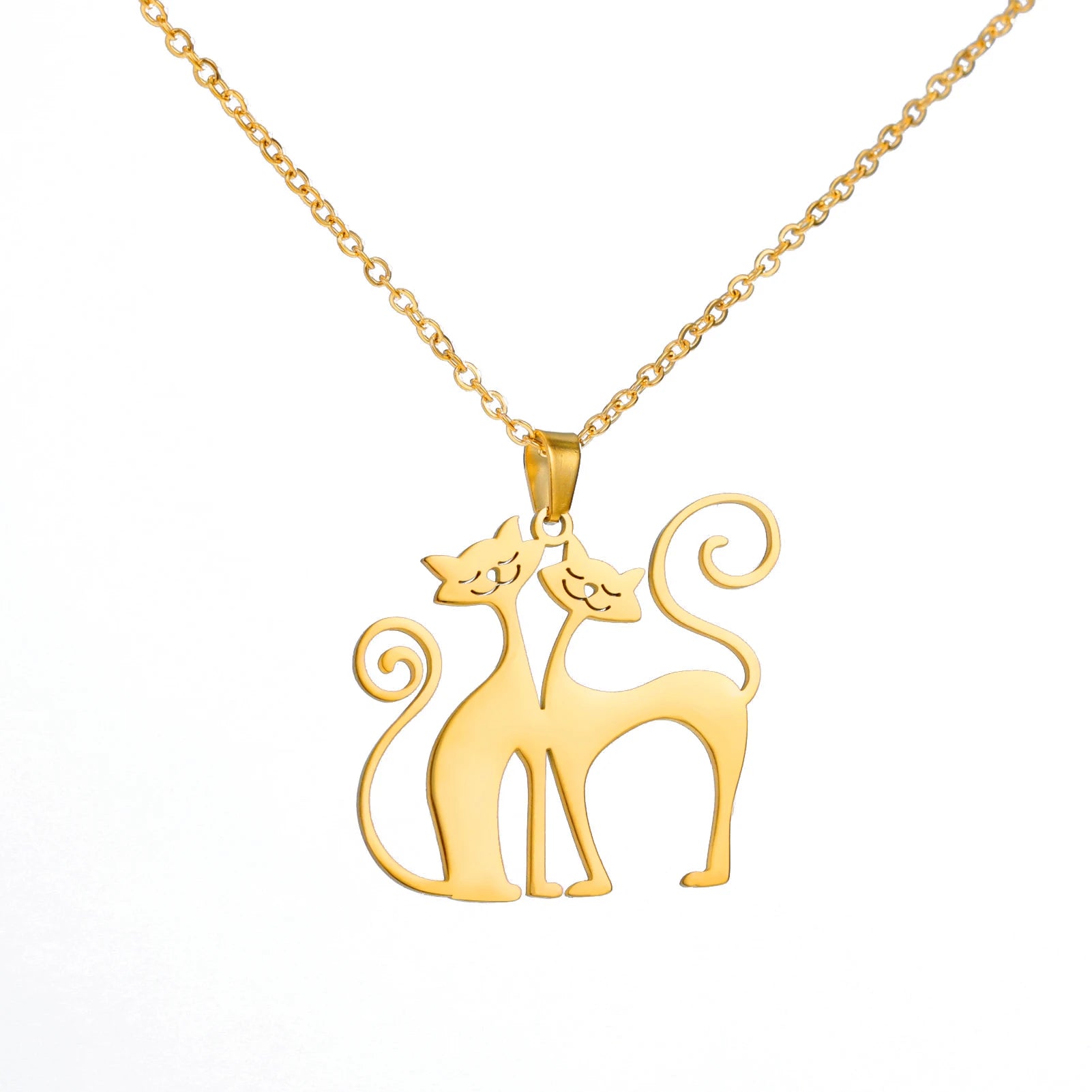 Cartoon Cat Pendant Necklace for Women Cute Animal Link Chain in Gold with Stainless Steel Jewelry for Anniversary Birthday G