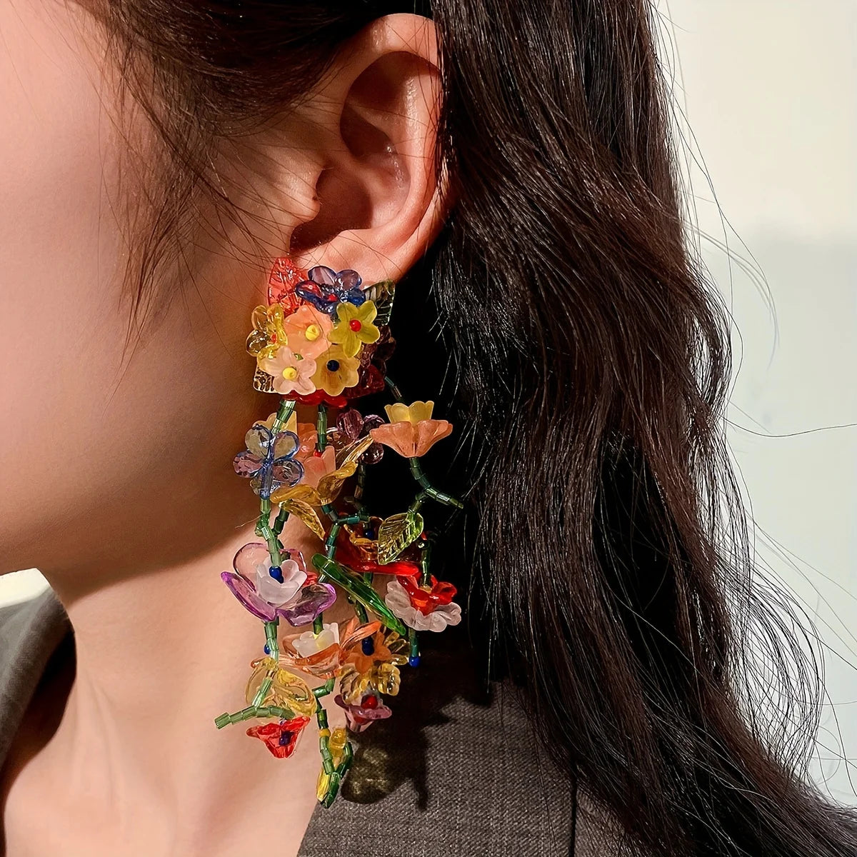 Exaggerated Flower Vine Design Dangle Earrings Pastoral Style Acrylic Jewelry Stage Holiday Ornaments Casual Dating Jewelry