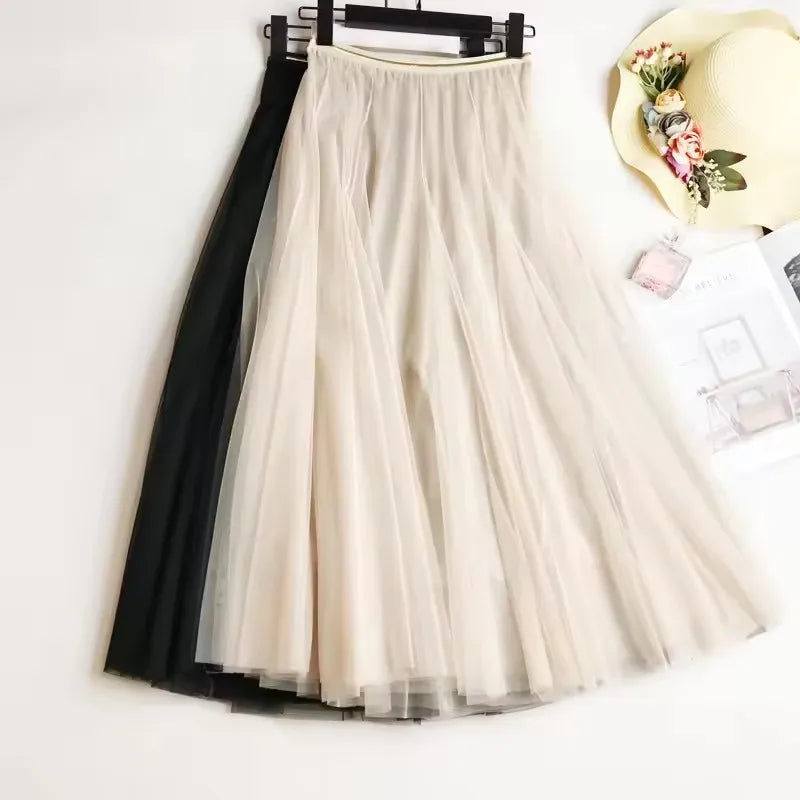 Summer Mesh Women Pleated Skirt Solid High Waist a Line Tulle Skirts Chic Long Maxi   Holiday Beach Tulle Skirt