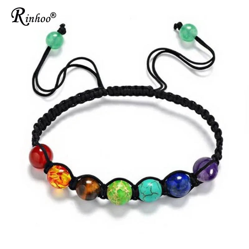 Rinhoo 7 Chakra Healing Yoga Reiki Prayer Bead Stones Balance Beaded Warp Bracelet Braided Bangle Adjustable Jewelry for Wome
