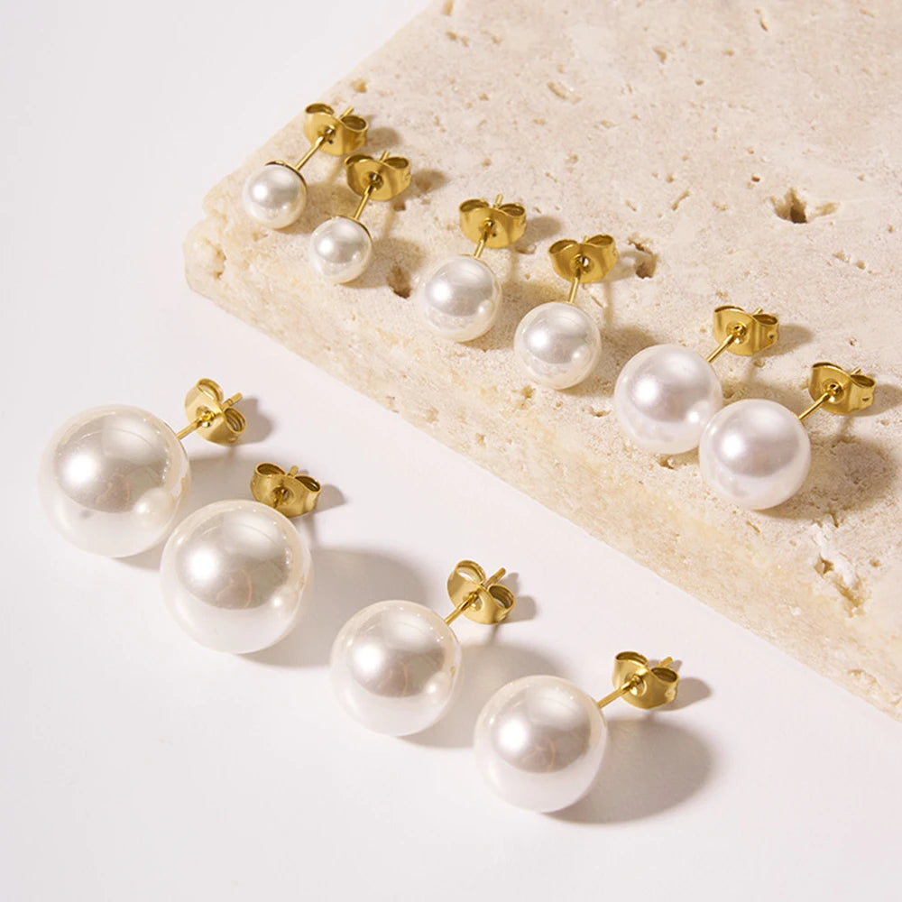 Hot Selling Fashion Minimalist PVD 18k Gold Stainless Steel Pearl Stud Earrings Women