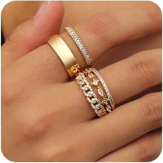 2025 Fashion Simple Zirconia and Diamonds Rings 14k Gold Plated Rings Stackable 5-Piece Ring Set for Women or Men