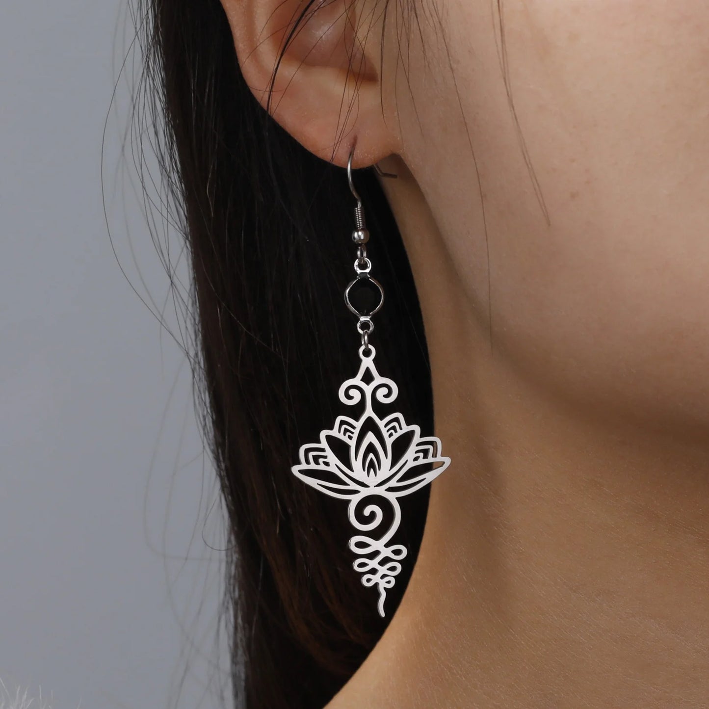 Unalome Lotus Flower Dangle Earrings Stainless Steel Yoga Buddhism Pendant Drop Earring Spiritual Jewelry Gift for Women