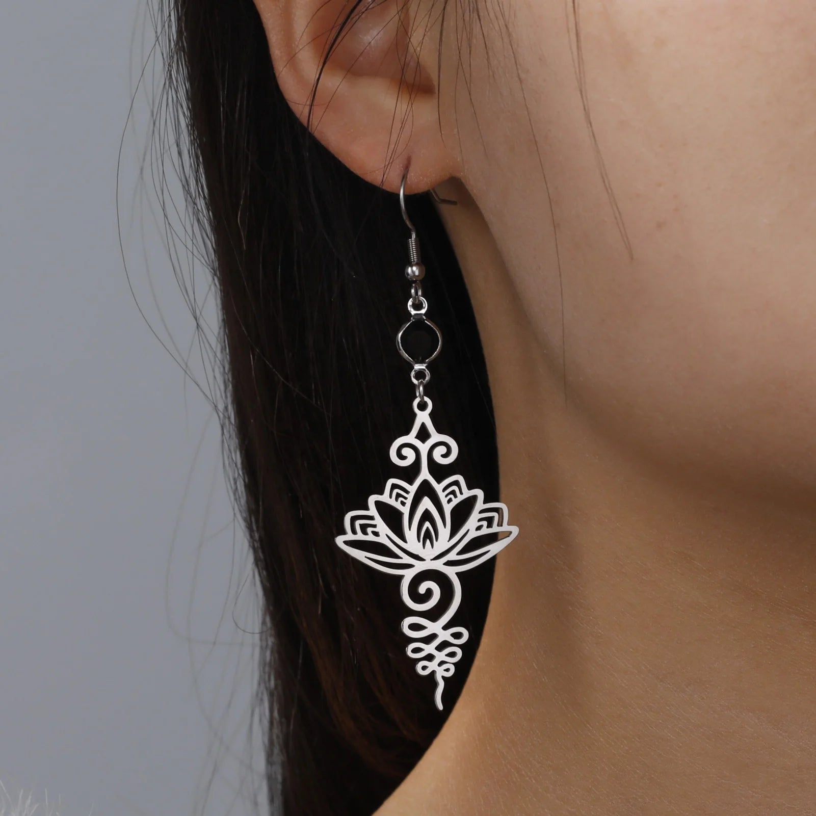 Unalome Lotus Flower Dangle Earrings Stainless Steel Yoga Buddhism Pendant Drop Earring Spiritual Jewelry Gift for Women