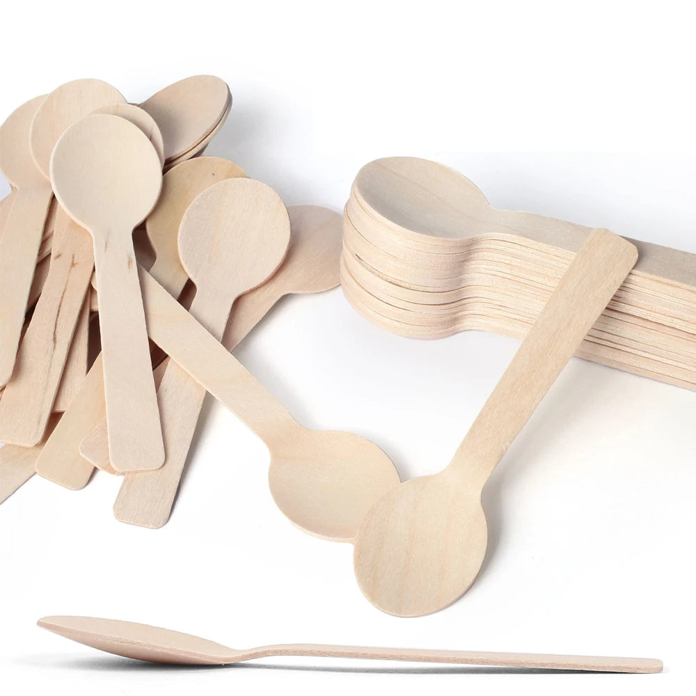 Disposable Birch Wood Spoons Set of 100 Pcs 96mm 3.8inch Eco-Friendly Compostable Mirror Polish Multi-Purpose Camping Cutlery