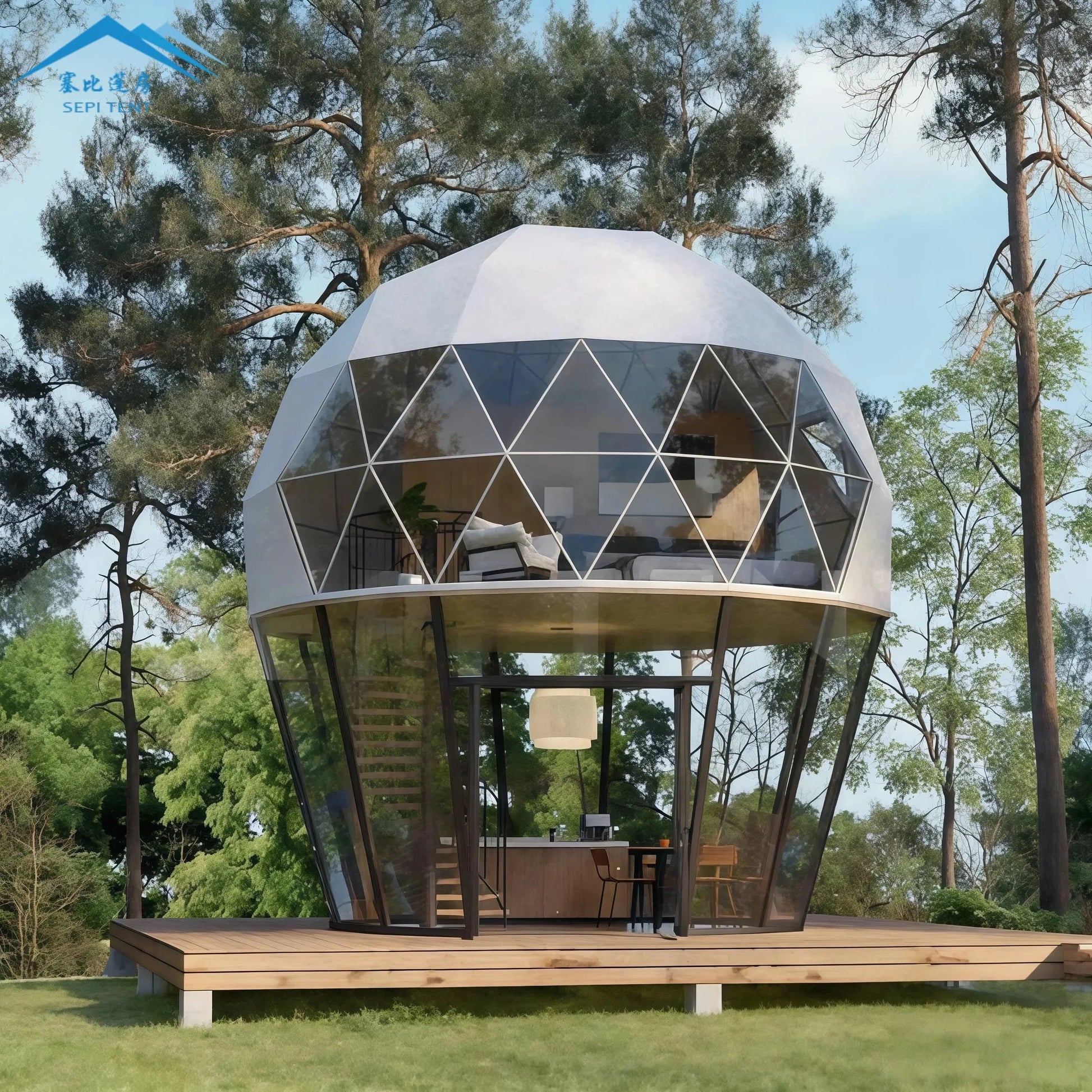 2023 Customize High Quality Camping Geodesic Waterproof Hotel Glamping House White Round Two Level Geodesic Dome Tent Soundpr